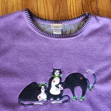 Cats Embroidered Fleece Sweatshirt Sz Large Purple Holiday Vintage Grandma