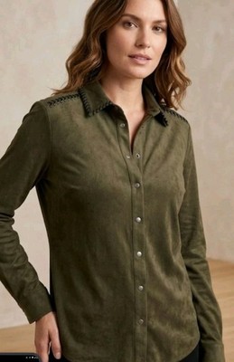 Zara Basic Collection Top Size M Snap Button Flaux Leather Green Long Sleeve