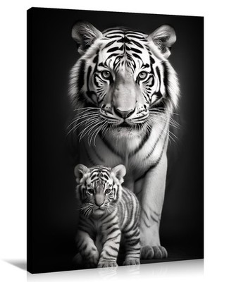 Canvas Wall Art Tiger Decor Black and White Picture Tiger and Cub Painting Wi...