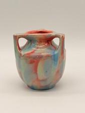 Vtg Art Deco Haeger Vase Marble Glaze Pink Blue Green Angled w/Handles 