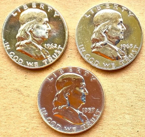 1957P 1962P 1963P Half Dollar Lot Of 3 90% Silver Proof Franklin Half Dollars