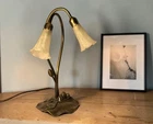 VTG Tiffany Style 2-Light Lily Table Lamp w/ Frosted White Trumpet Flower Shades