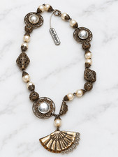 Vintage Signed Cacharel Paris Faux Pearl Filigree Fan Pendant Statement Necklace