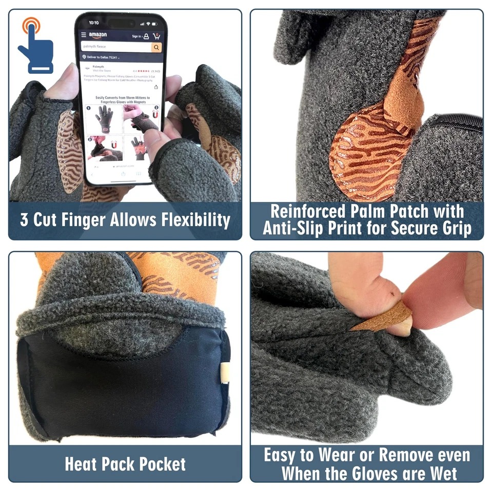 Magnetic Fleece Fishing Gloves Convertible 3 Cut Fingers Ice Fishing Warm for... - Image 3 of 4