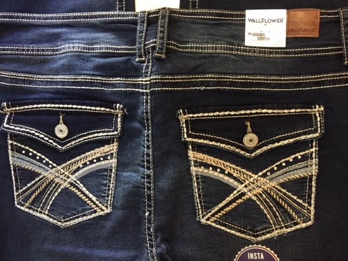 Pantalones de mezclilla Wallflower Luscious Curvy tiro medio bling solapa elásticos corte bota 18, 20 NUEVO - Imagen 11 de 12