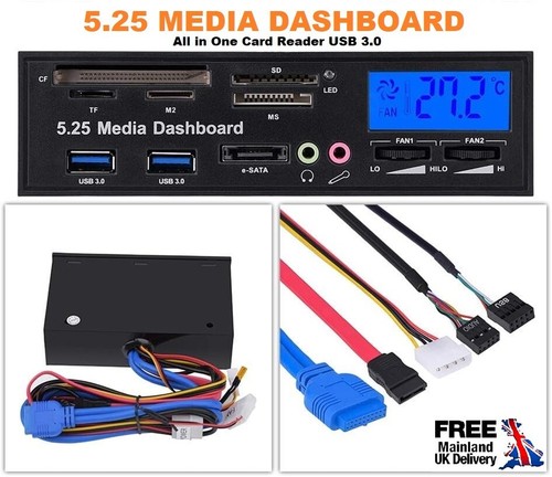 USB 3.0 5.25" E-SATA SATA Internal Media Dashboard Front Panel Card Reader UK