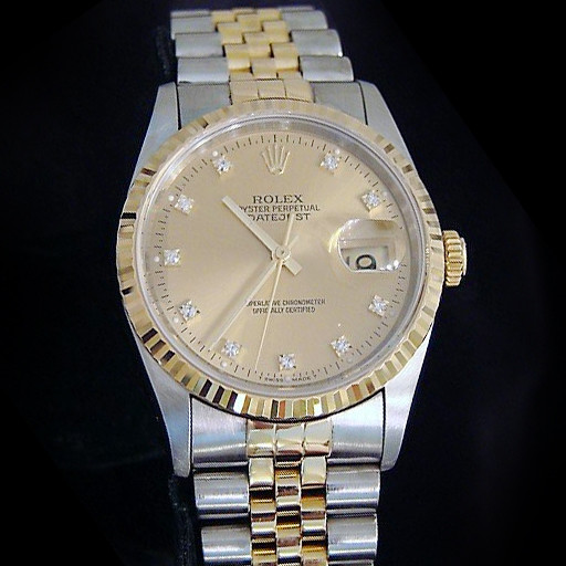 Rolex Datejust Men 18k Gold Steel Watch No Holes Champagne FACTORY DIAMOND 16233