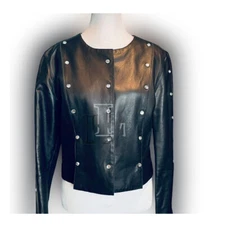 Handmade Women Black Color Studded Collarless Genuine Cowhide Leather Jacket