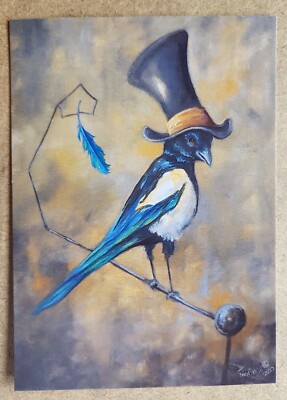 PRINT~Steampunk~~MAGPIE~~BIRD~~Whimsical~ART~5'' x 7''~Tophat~Surreal~feather 