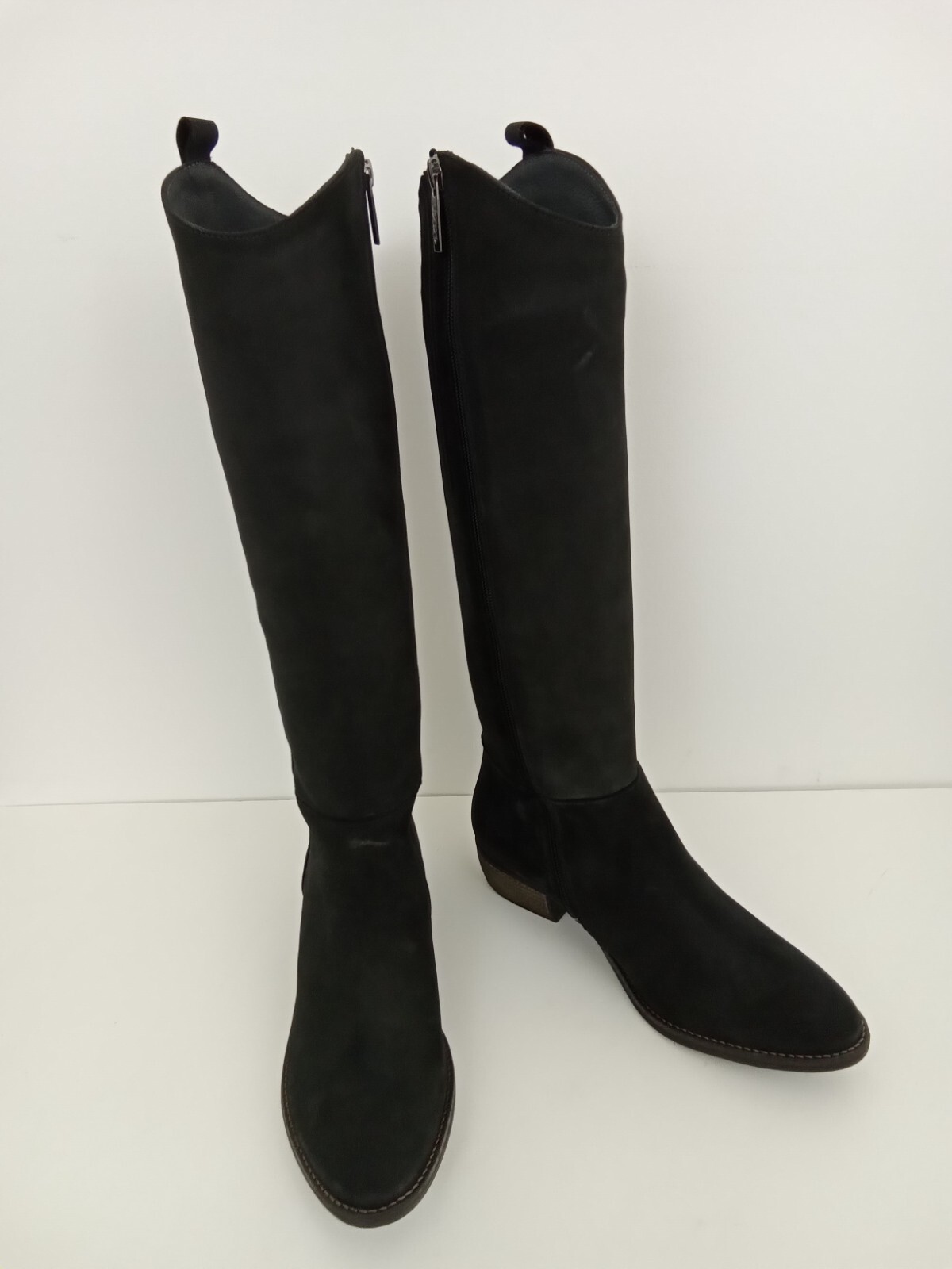 DUO Women's Knee High Boots Black Nubuck Rydal Low Block Heel Zip