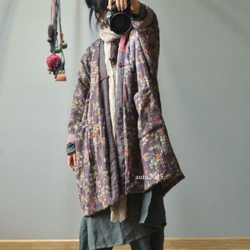 Pastoral Style Womens Long Quilted Jacket Oversize Cotton Robe Patchwork Coat L - Picture 3 of 16