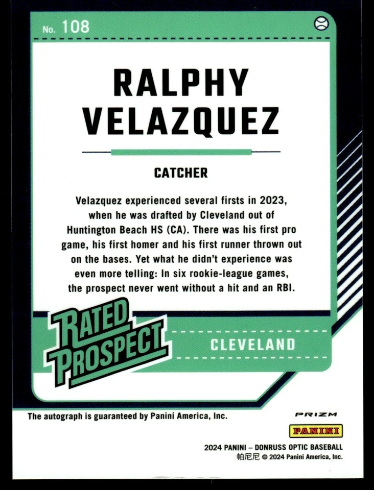 2024 DONRUSS OPTIC RATED PROSPECT HOLO AUTO Ralphy Velazquez Cleveland Guardians - Image 2 of 2