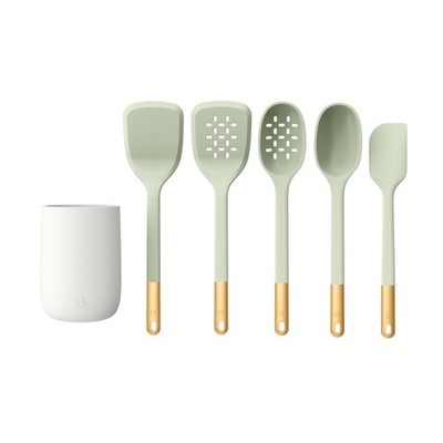 6-Piece Silicone Tool Set with Ceramic Crock, Sage Green