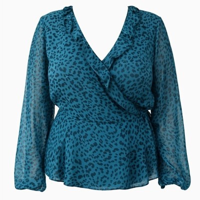 Mi Ami 2X Teal Animal Print Wrap Blouse for Women   Plus Size Flowy V-Neck Chic 