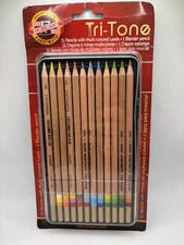 Koh-I-Noor Tri-Tone Multi-Colored Pencil Set, 12 Assorted Colors in Tin, NEW