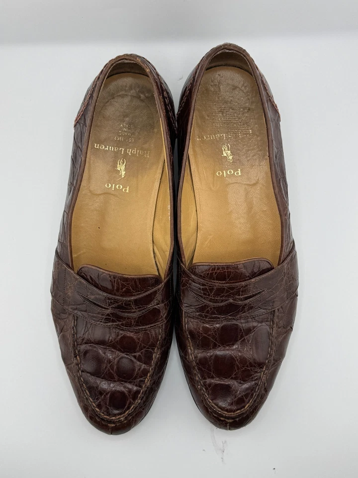 Polo Ralph Lauren Hombres Penny Mocasines Marrón Cuero Cocodrilo Sin Cordones 8.5D Foto 4 de 4