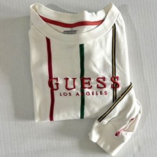 VTG 80s/ 90s GUESS, Long Sleeve, Vertical Striped, Embroidered Logo Shirt, sz S