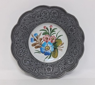 Italian Bassano Pewter Plate Hand Painted Floral Ceramic Angarano Made Italy 6''