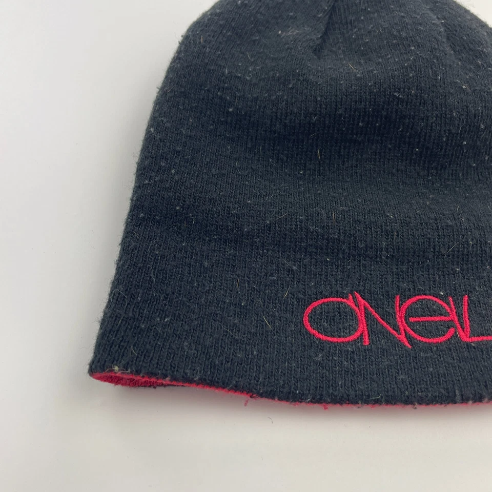O'NEILL Woolly Hat Red Black Watch Beanie One Size Logo Unisex Reversible - Image 3 of 4