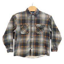 Vintage Fieldmaster Plaid Flannel Shirt Tall XL Grey Orange Perma-Prest USA Made