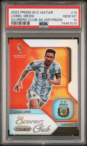 2022 PANINI PRIZM WORLD CUP QATAR LIONEL MESSI SCORERS CLUB SILVER PRIZM PSA 10