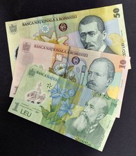 Romania Banknotes 1 Leu 2018 - 10 Lei 2018 - 50 Lei 2005 (Lot 3 pieces )