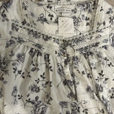 EILEEN WEST Brand New Long 100 Cotton Flannel Nightgown, S-M, Gray On White