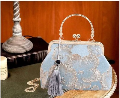 Vintage Abendtasche aus Blumenbrokat, Handtasche mit Nappaleder und Kette