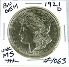 1921-D  MORGAN SILVER DOLLAR FROM ORIGINAL BANK BAG GEM BU US MINT #1063
