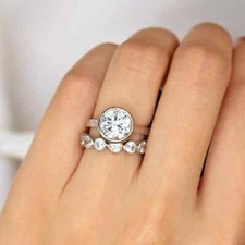 Bezel Set 2 PCs Solitaire Silver Moissanite Round Cut Women's Wedding Ring Set
