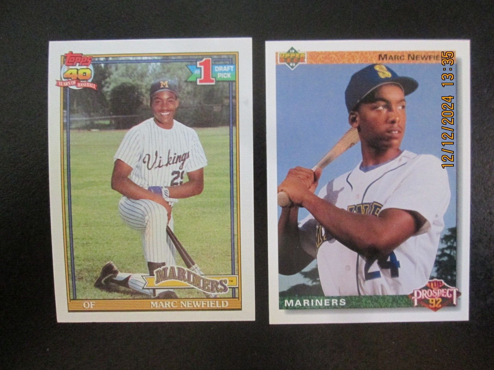 MARC NEWFIELD MARINERS 1992 UPPER DECK & 1991 TOPPS ROOKIE  CARDS  #529  & #64