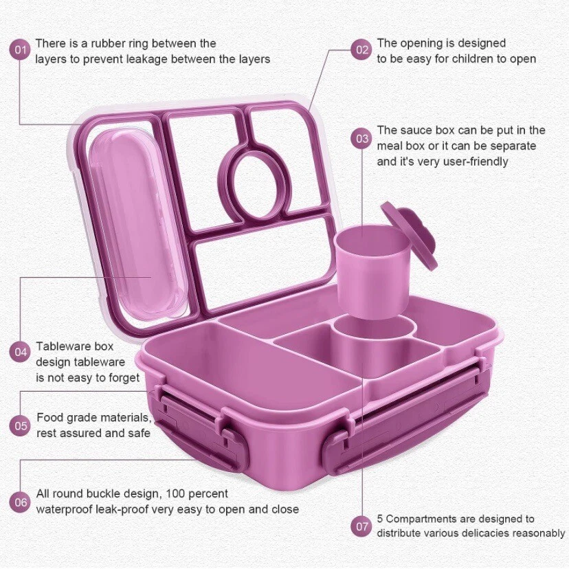 Amathley 5-Compartment Bento Lunch Box for Adults and Kids in BPA-Free Purple