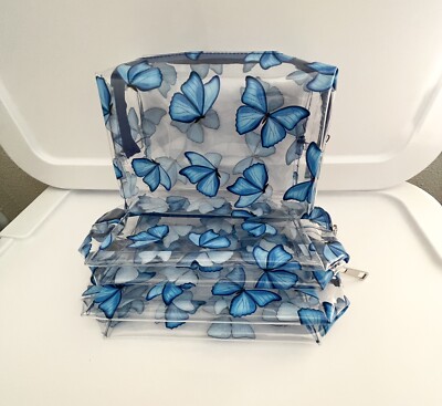 3 Clear Cosmetic Makeup Bag Pouch Travel Plastic Case Blue Butterfly
