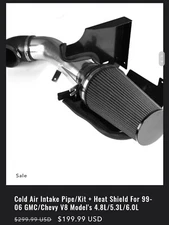 Cold Air Intake Pipe/Kit+Heat Shield For 99-06 GMC/Chevy V8 Model's 4.8/5.3/6.0L