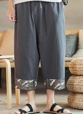 Men's new summer cotton and linen loose wide-leg straight cropped pants