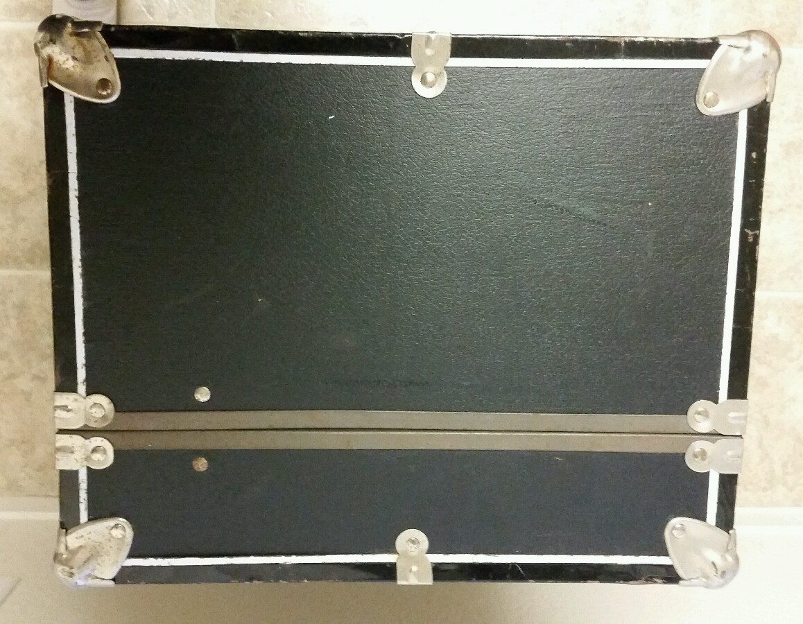 Vintage Black Coffee Table Trunk w/ Metal Corner & Edges Newspaper Lining 28"