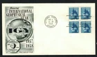 Canada #376 block, 1958 5¢ Intl Geophysical Year Microscope Fleetwood cachet FDC