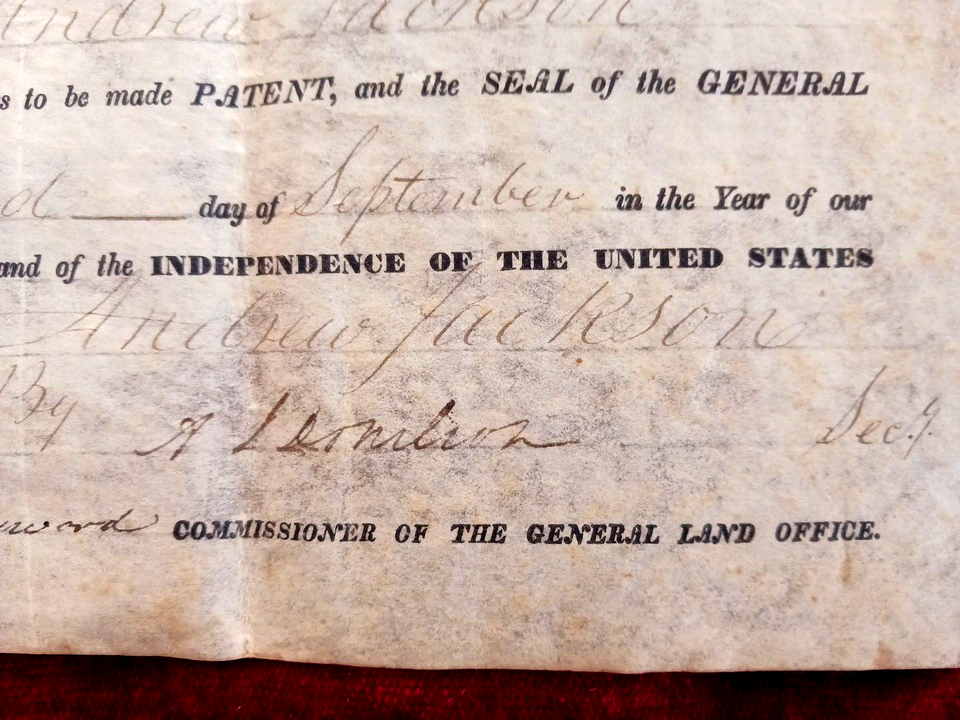 1834 President Andrew Jackson Land Deed to John White of Franklin