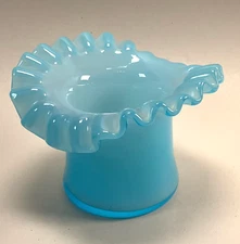 Fenton Art Glass Blue Overlay Hat Vase with Ruffled Rim - Vintage