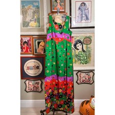 Vintage 1970s Nite Owls Green Floral Maxi Dress Sleeveless Flower Power