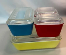Vintage Pyrex Refrigerator Dishes Set of 4 Primary Colors ~Red ~ Blue ~ Yellow