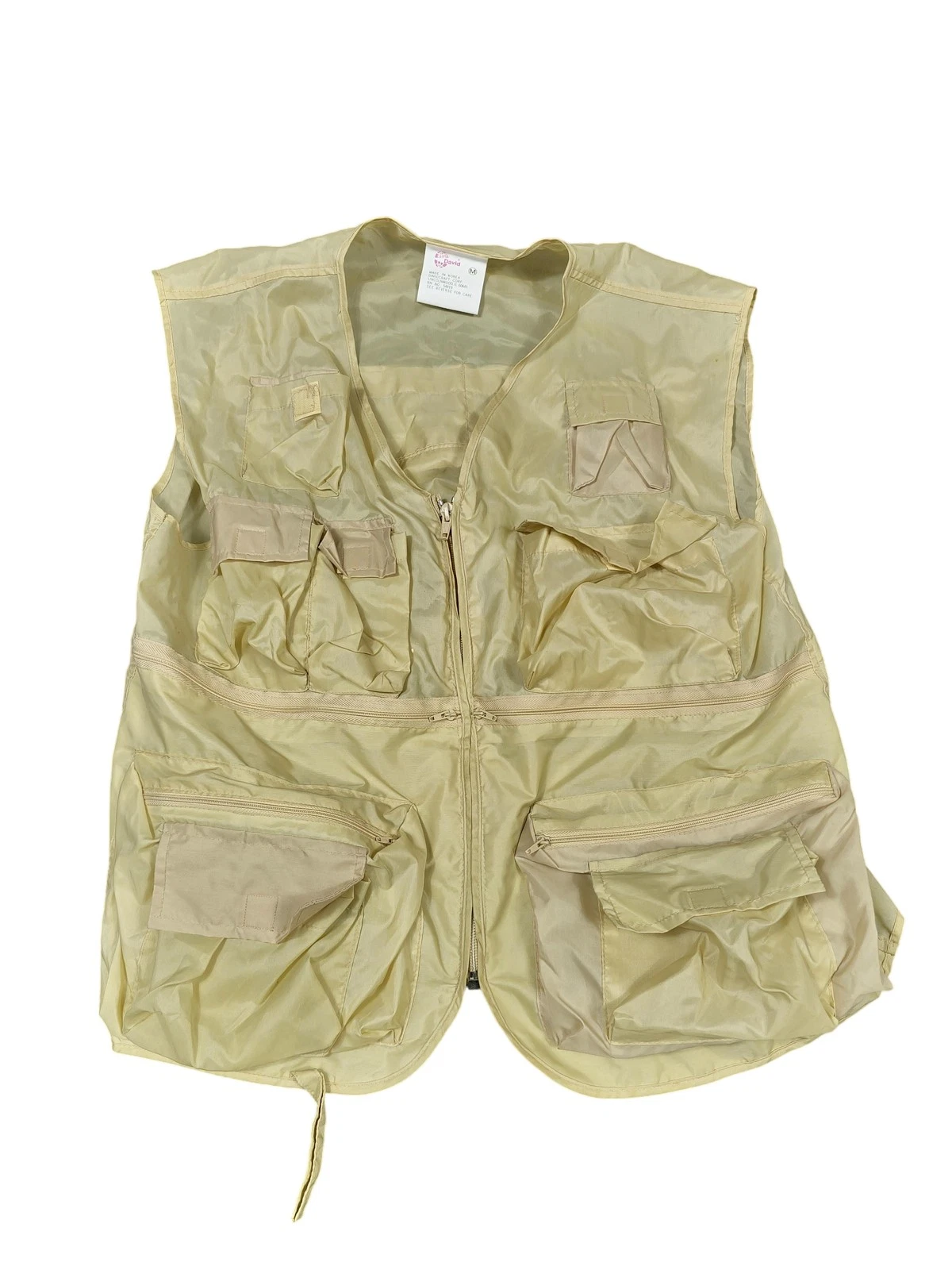 David Vest Mens Medium Khaki Utility Fishing Photo Travel Multi Pocket Zip Field