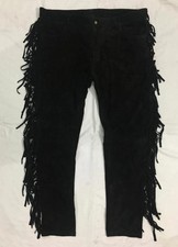 Men Native American Western Cowboy Leather Pants Full Leg Fringe Suede Leather