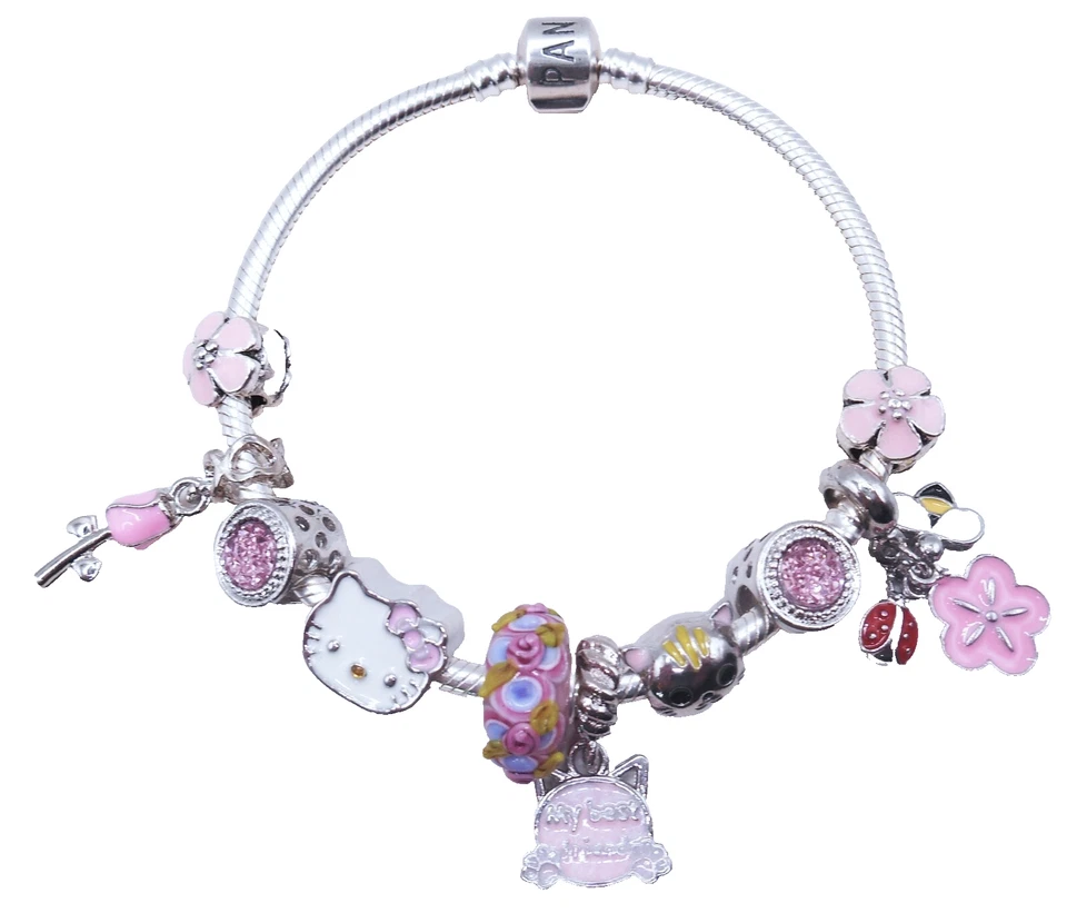PANDORA 银手镯 粉色 KITTY 最佳朋友 猫 爱人 欧洲饰品! — 第 3/4 张图片