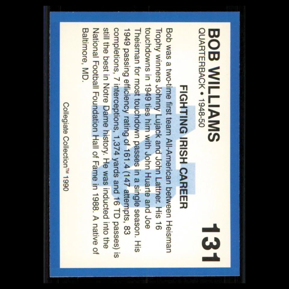 Bob Williams #131 1990 Collegiate Collection Notre Dame Football Card NFL NM - Image 2 of 3