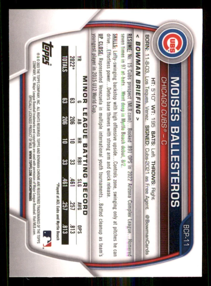 2023 Bowman Chrome Prospects #BCP11 Moises Ballesteros - Image 2 of 2