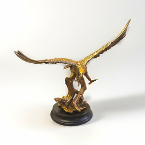 Brass Metal Eagle in Flight Figurine on Black Base, Antique 2 feet by 2 feet