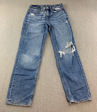 American Eagle 90s Straight Jeans Womens Sz 4 Med Blue Distressed Patches Cute