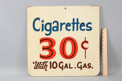 Vintage 1950s Gas Station Painted Wood Sign Cigarettes 30¢ w/ $10 of Gas