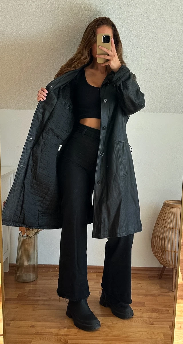 Vintage 90s Black Real Leather Trench Coat Oversize Matrix Bella Hadid Y2K XL